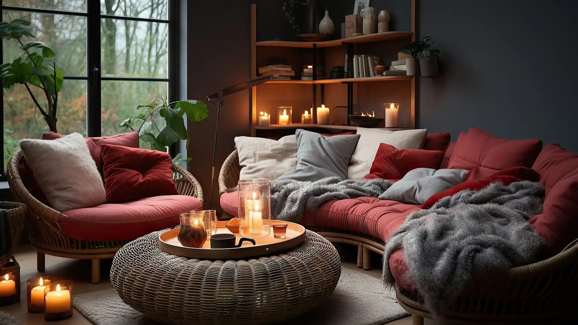 Cozy small apartment living area featuring a curved wicker sofa with red cushions, grey blankets, and a wicker coffee table surrounded by glowing candles.