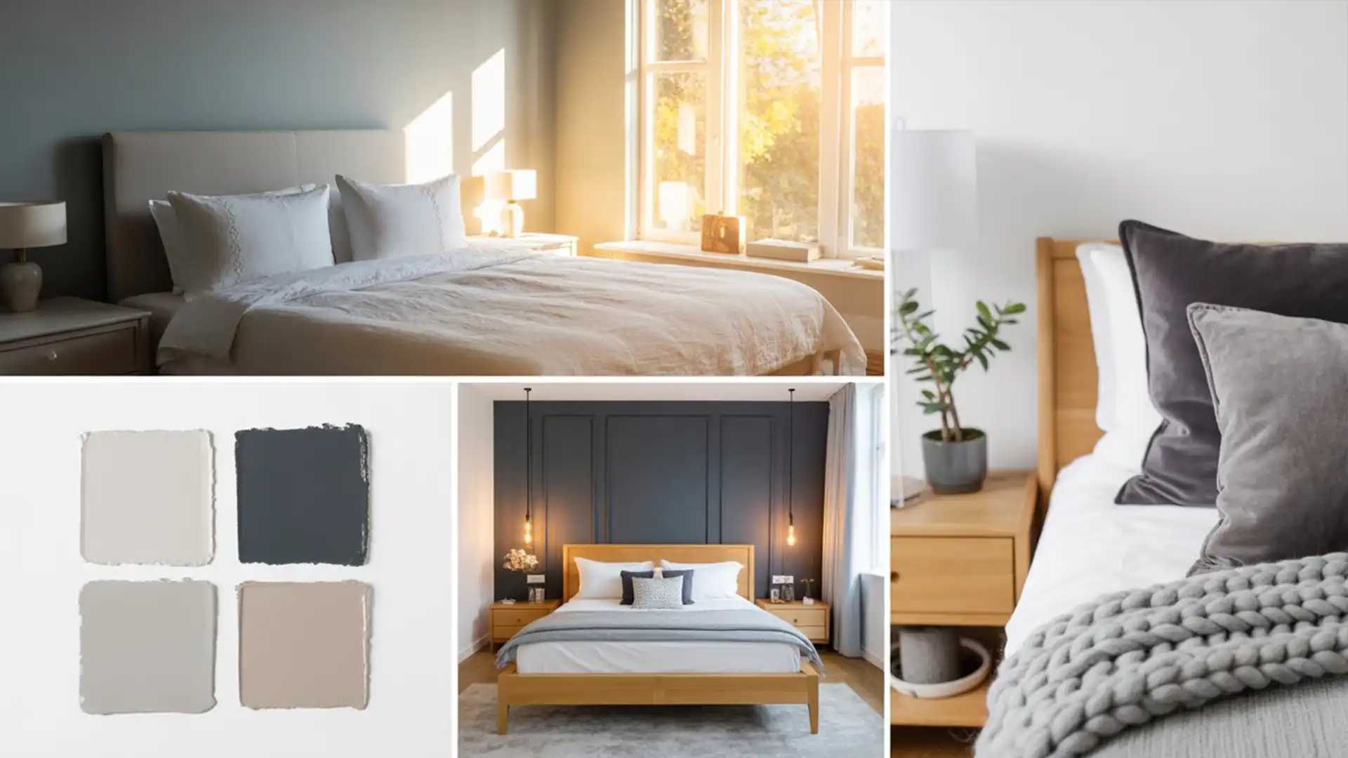 A grey throw blanket and two pillows on a bed with a small plant on the nightstand.