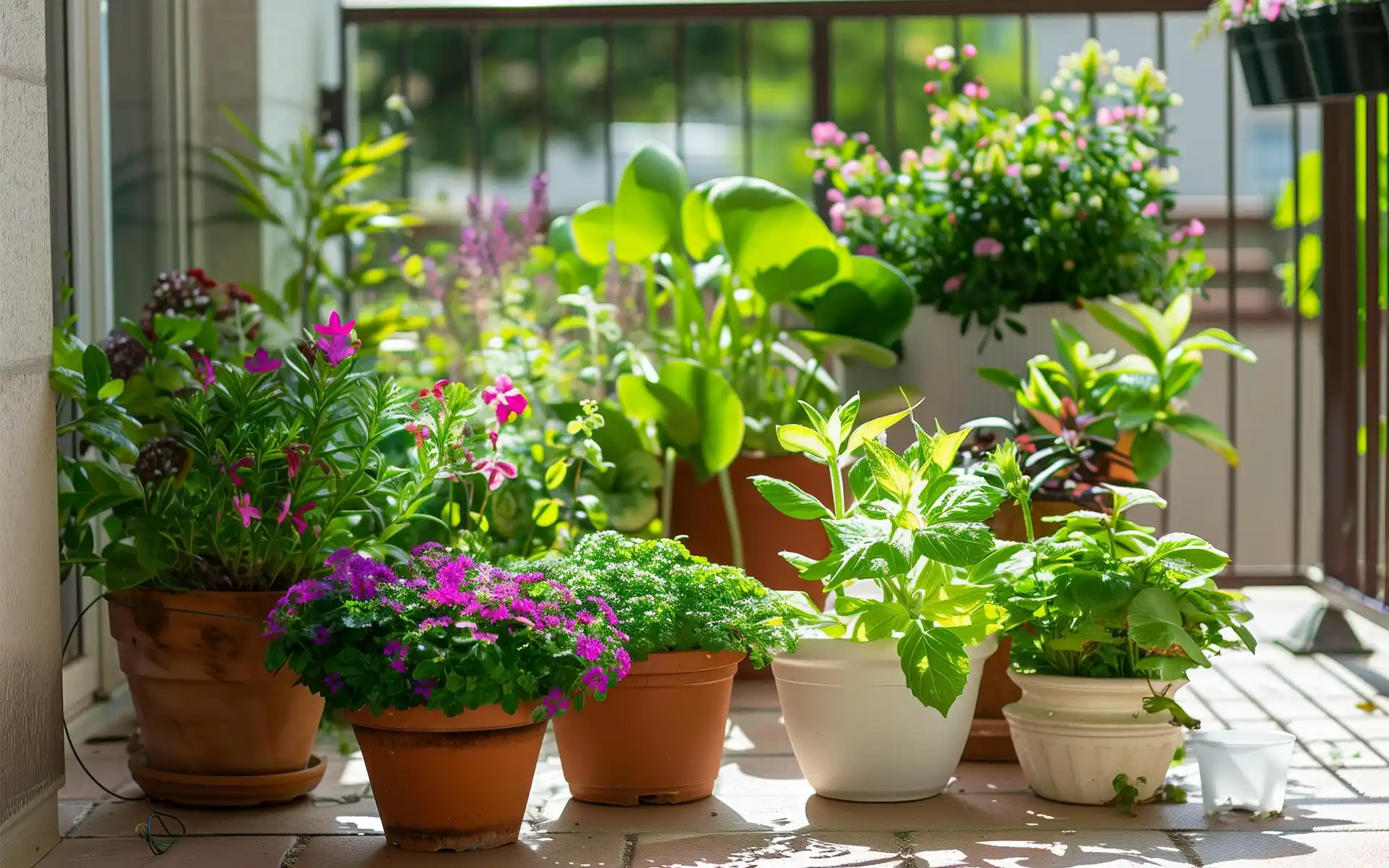 Lush vertical herb garden on a modern apartment balcony with city views