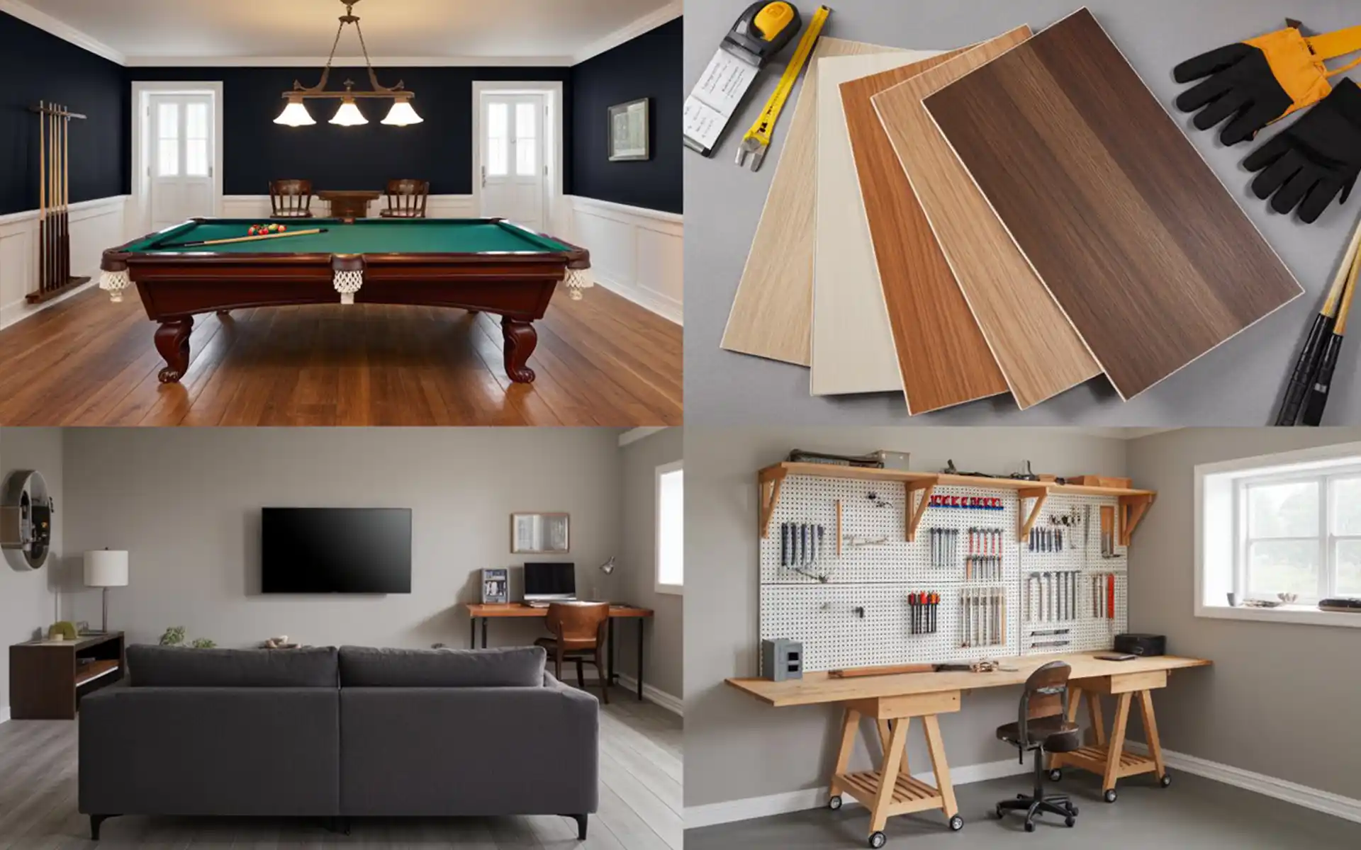 Luxury vinyl plank flooring samples in various wood tones for basement renovation.