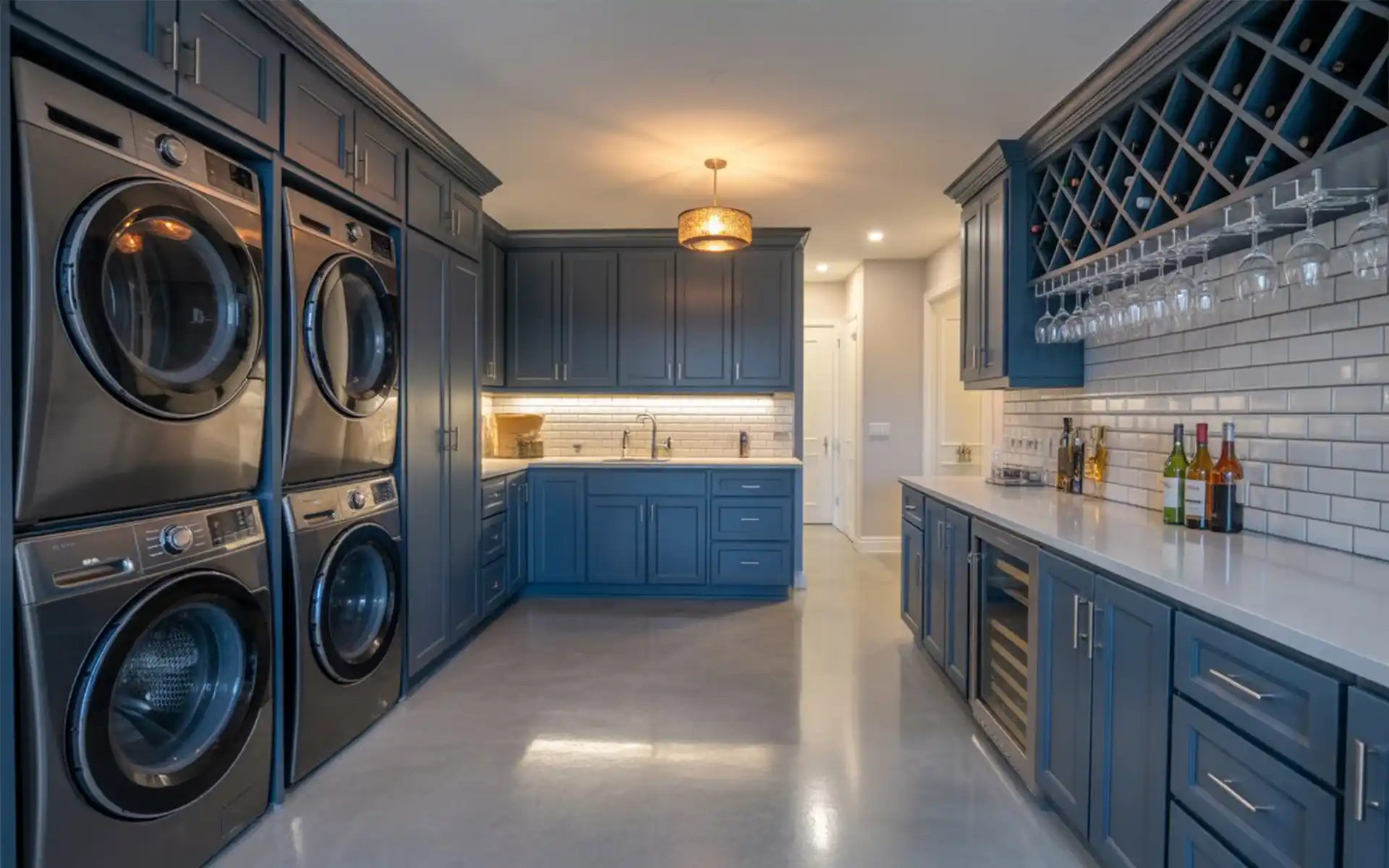 Modern basement laundry room that doubles as a stylish bar area with dark cabinets.