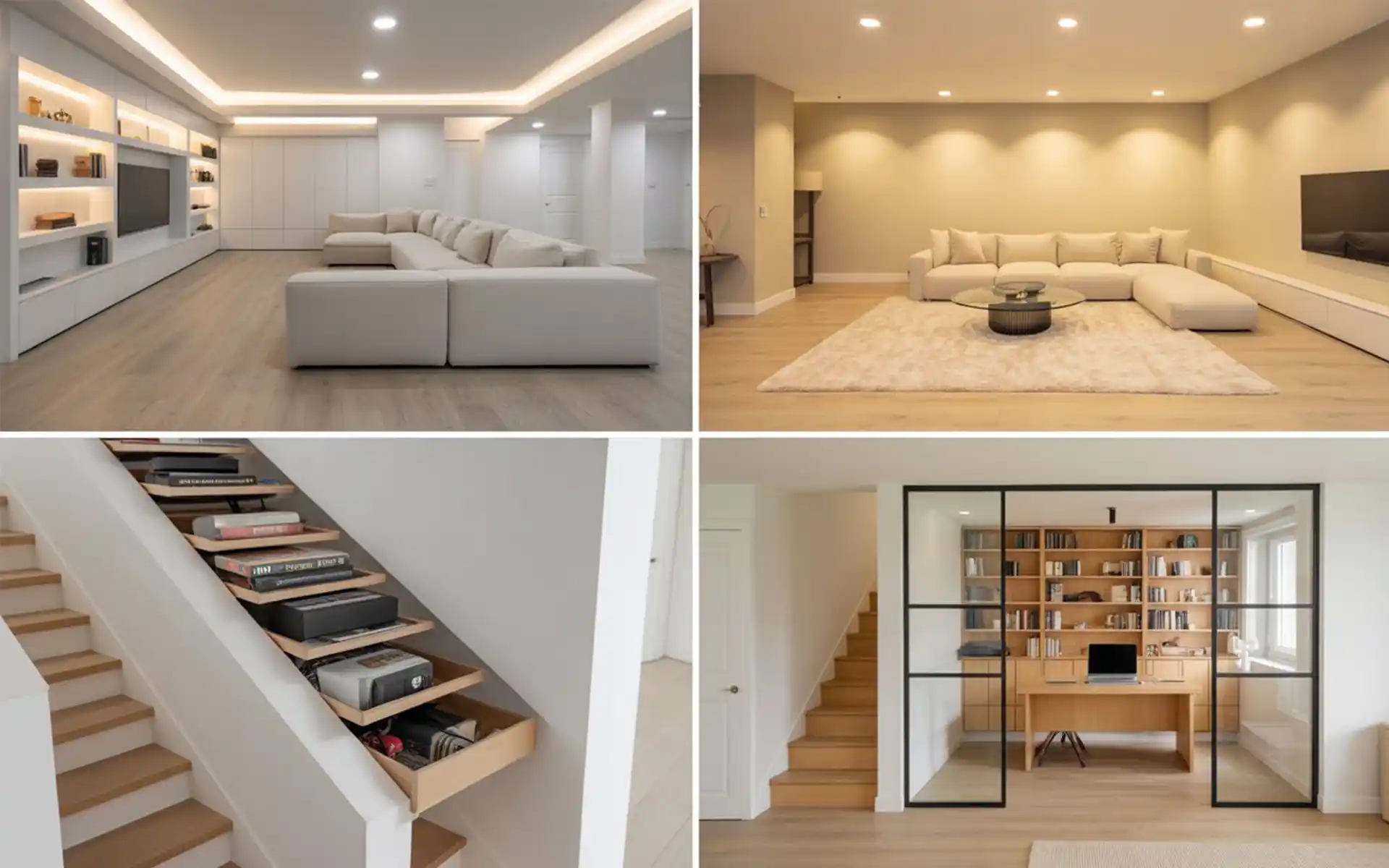 Clever pull-out drawers installed under a basement staircase for extra storage.