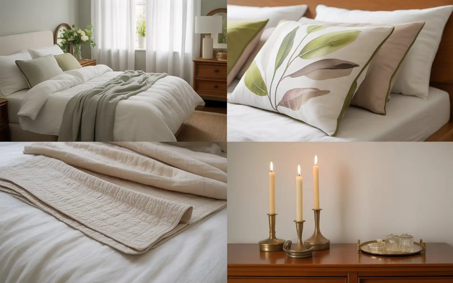 Pale yellow taper candles in brass holders on a bedroom dresser