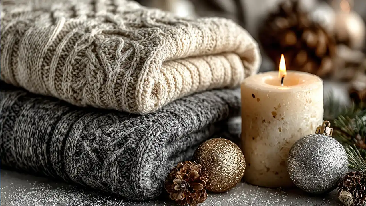Flat-lay of winter decor items including pinecones, a candle, and a knit scarf