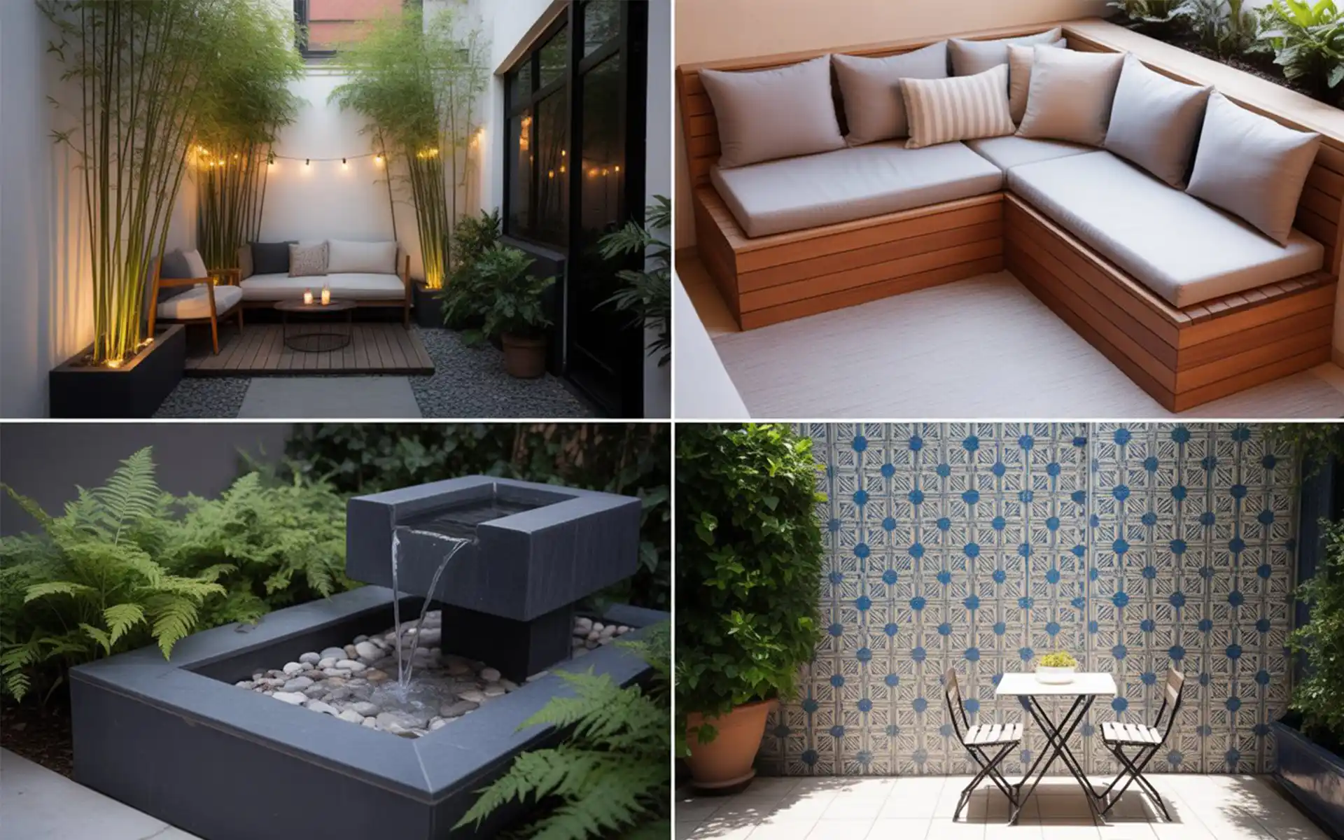 Wooden L-shaped built-in bench in a small courtyard corner