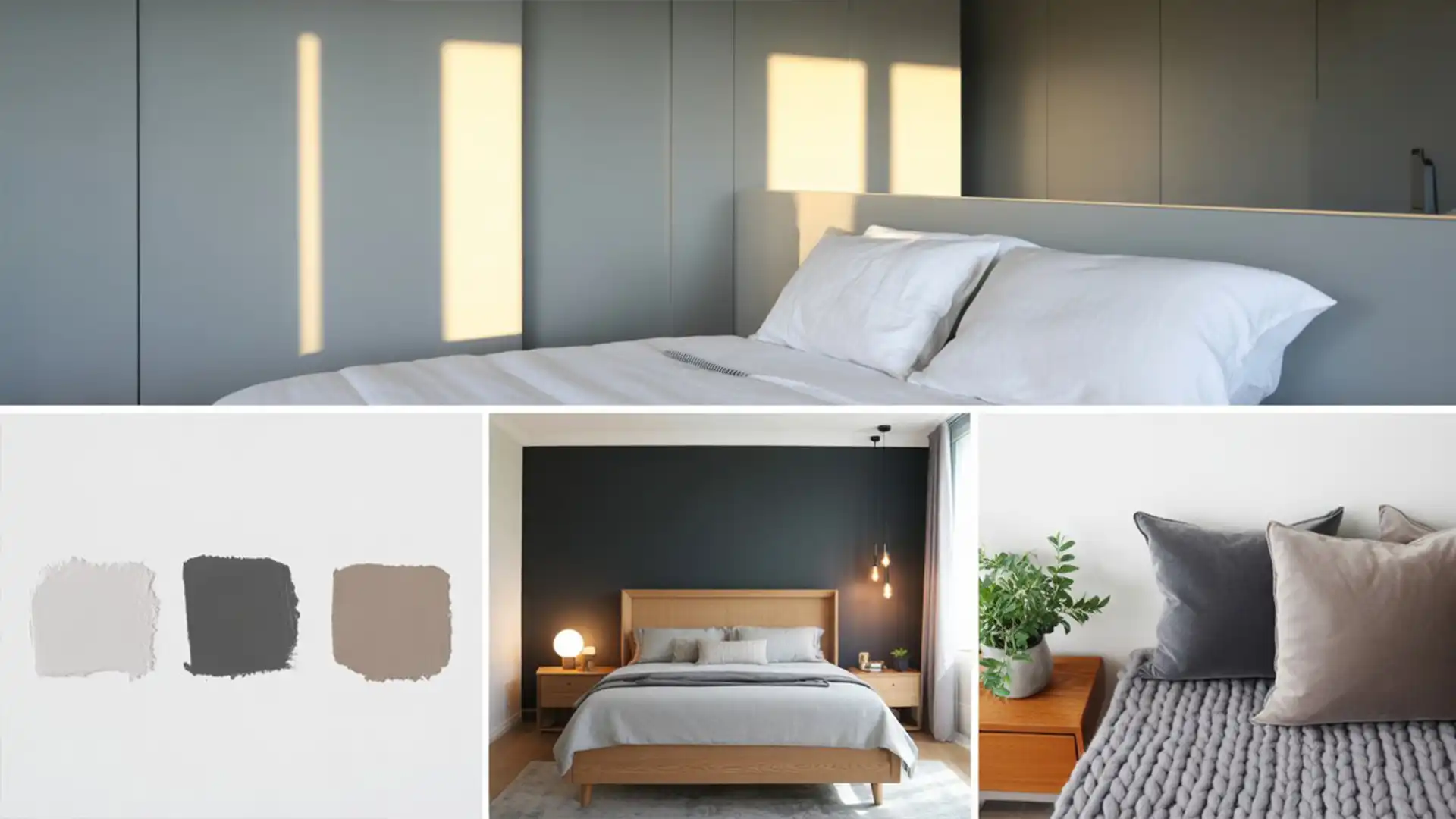 A bedroom with a dark charcoal accent wall behind a wooden bed frame.