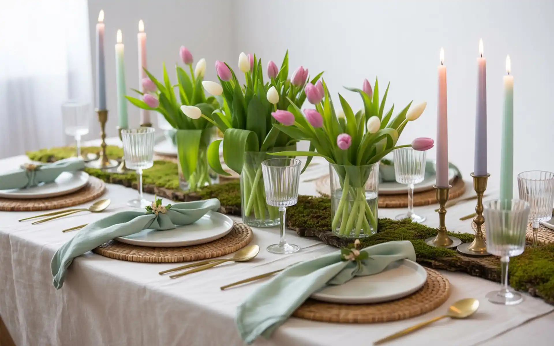 Tall lavender and mint green taper candles in brass holders