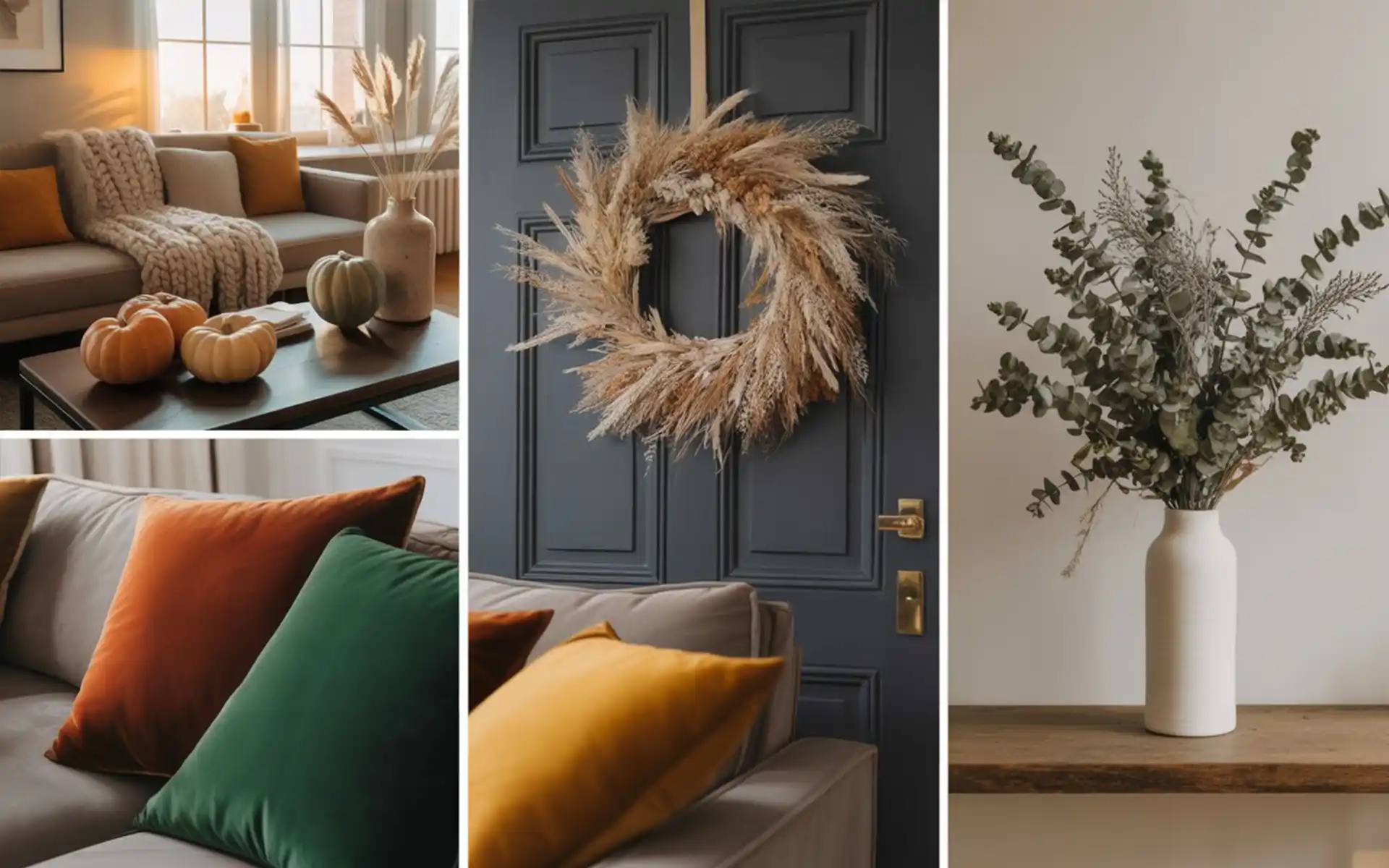 Tall ceramic vase with dried eucalyptus branches in a hallway
