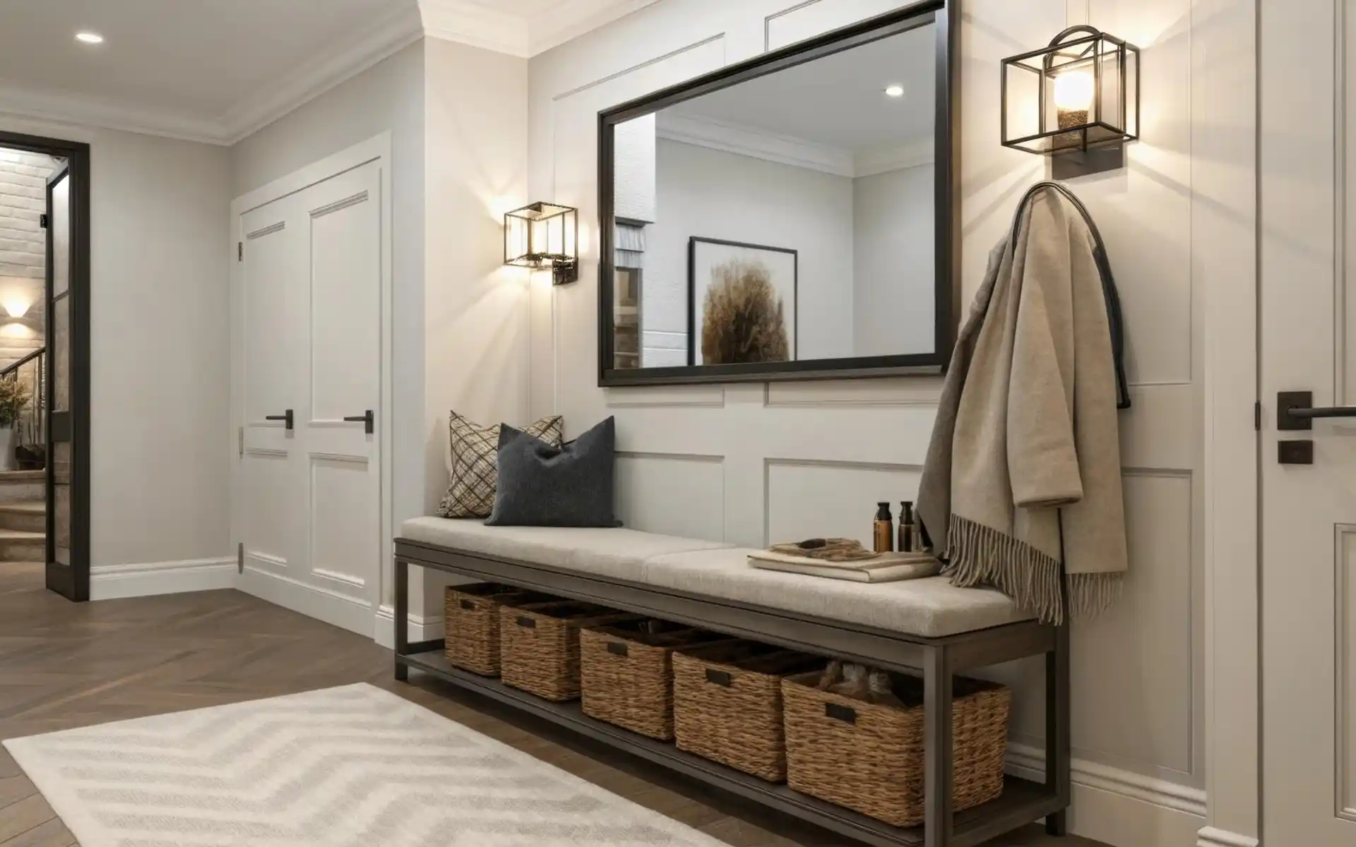 Small ceramic tray holding keys and sunglasses on a wooden table
