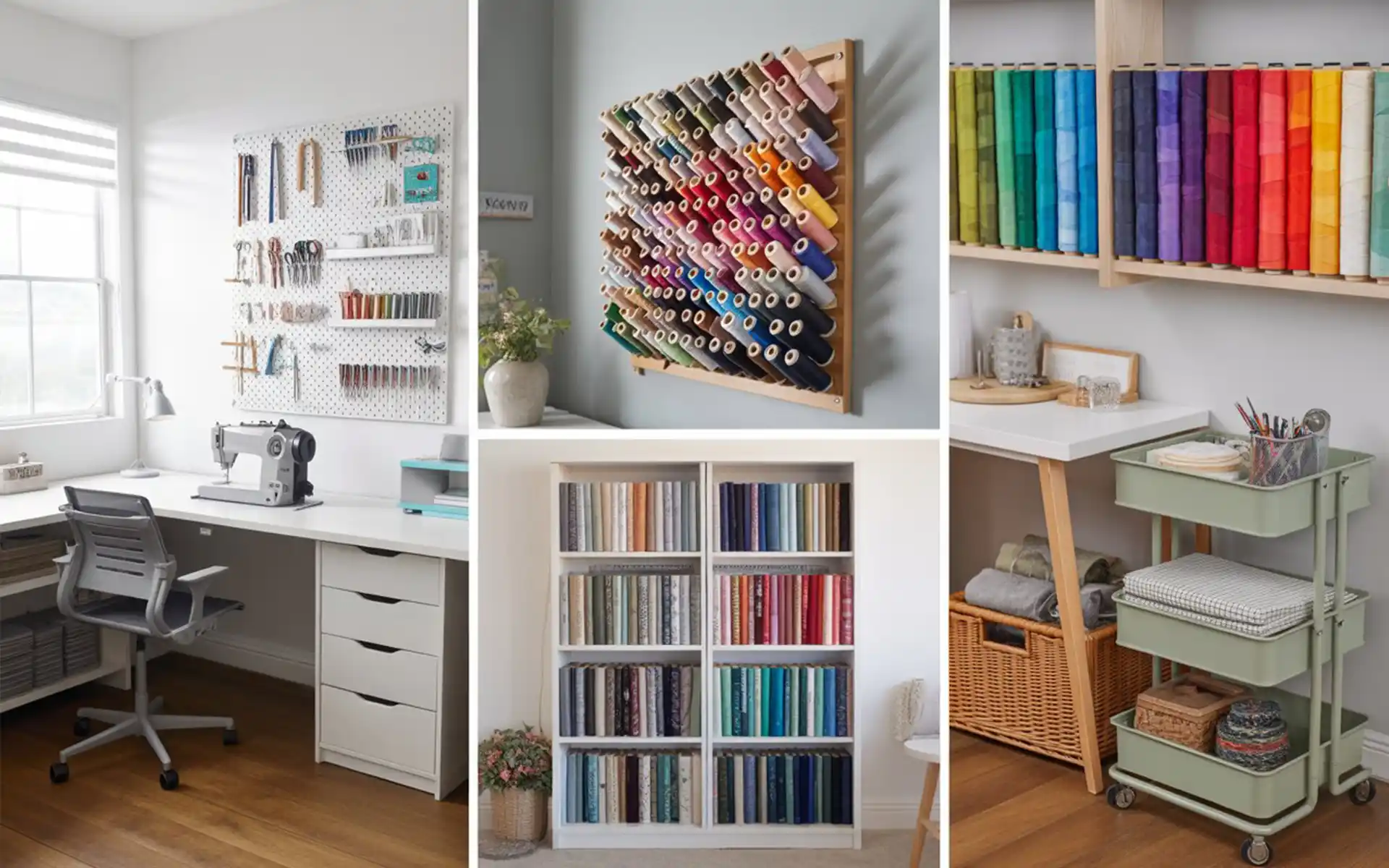 Fabric library with colorful textiles folded vertically on a bookshelf