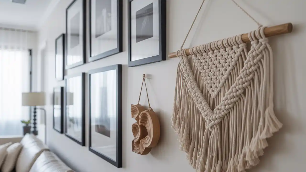 Large linen fabric tapestry hanging from a wooden magnetic bar