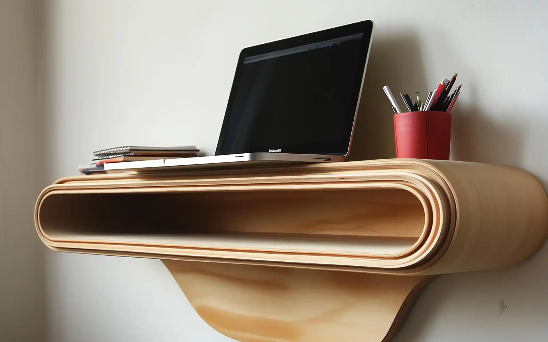 Minimalist floating desk mounted on a wall in a small corner office