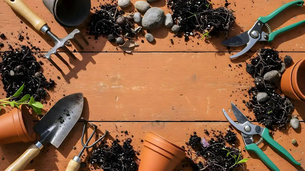 Gardening gloves, trowel, and seed packets on a wooden garden table