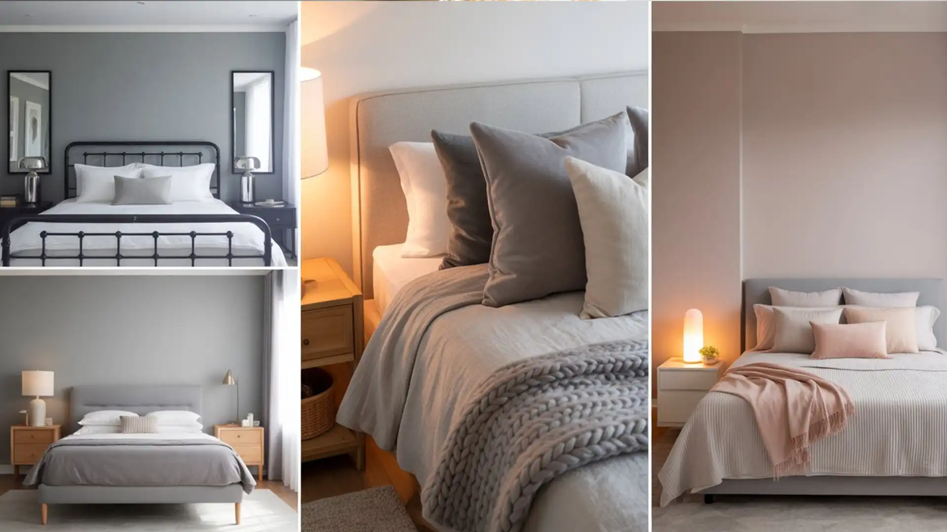 A modern grey bedroom layout featuring cool grey walls, black metal bed frame, and silver accents.