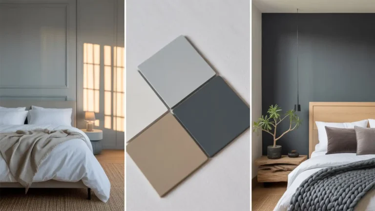A bright, modern bedroom featuring soft grey walls, white bedding, and a large window with natural light.