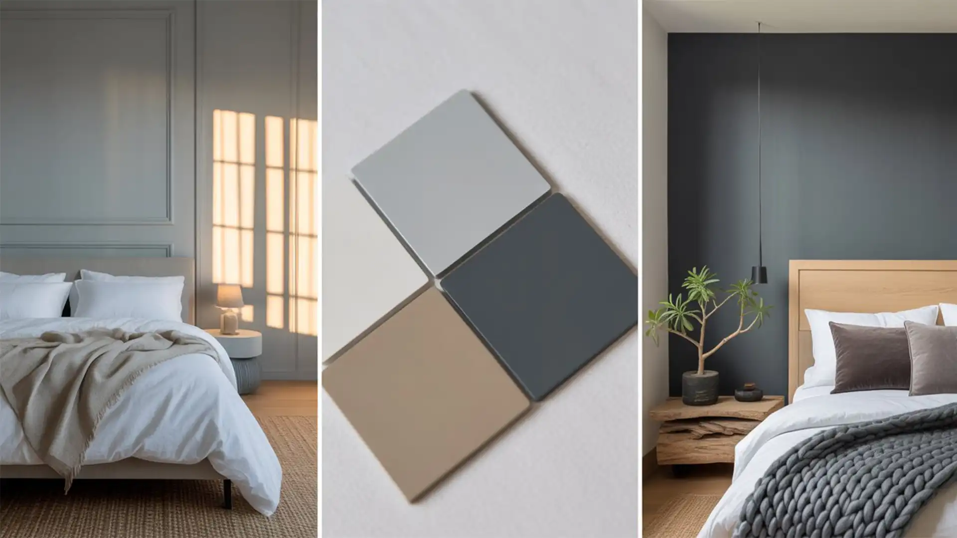 A bright, modern bedroom featuring soft grey walls, white bedding, and a large window with natural light.
