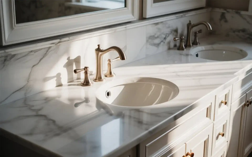 White herringbone tile backsplash in a bright bathroom
