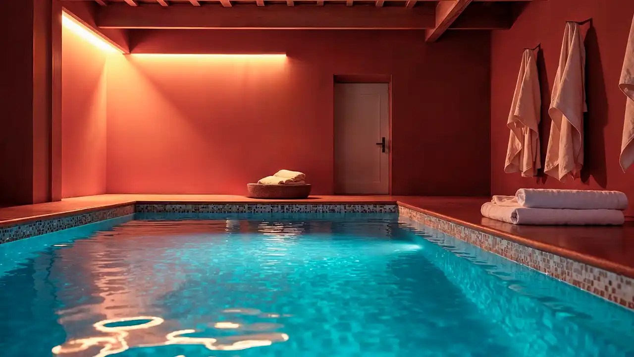 Automatic pool cover retracting under a wooden deck