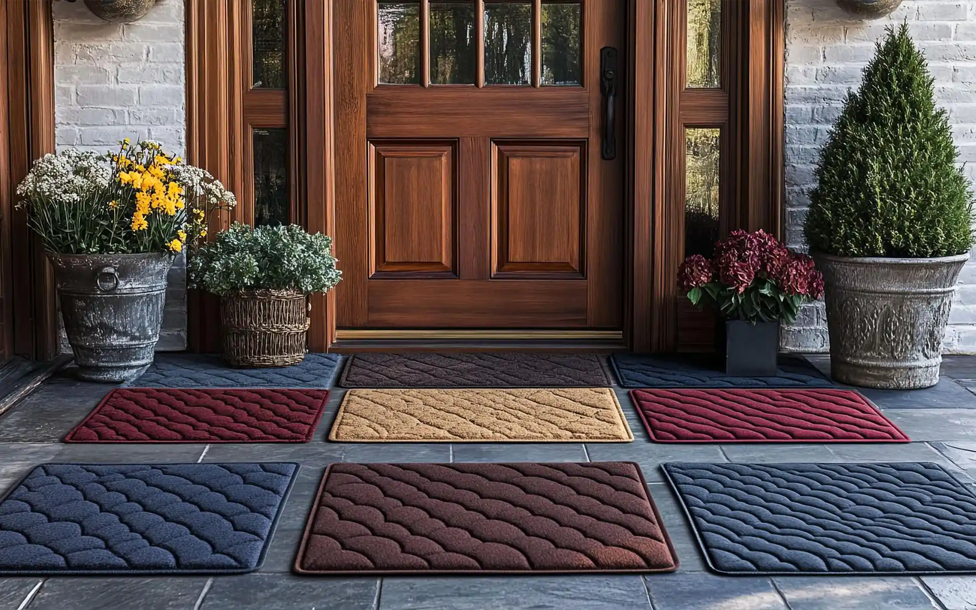 Layered doormat with a striped rug and a coir 'hello' mat