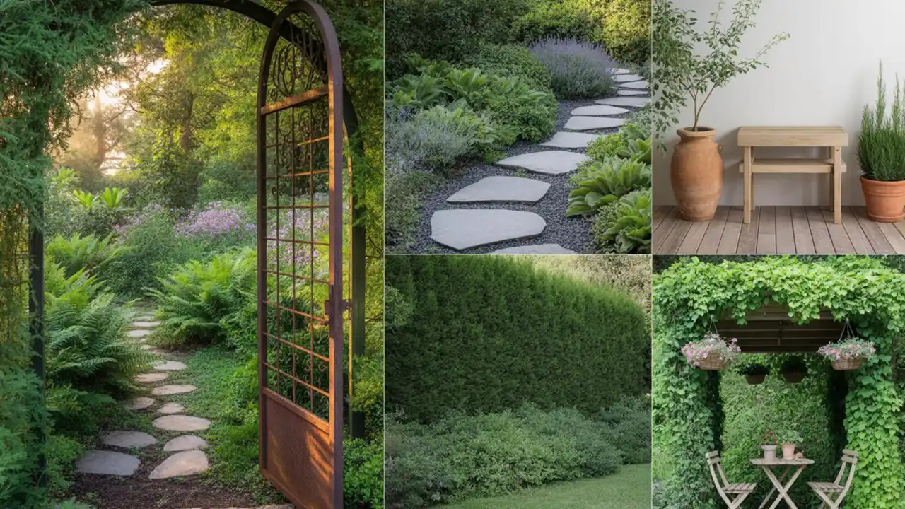 Tall green hedge with a built-in wooden bench for privacy