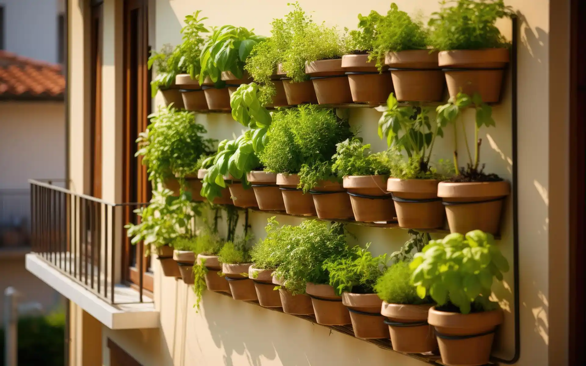 Metal wall grid with small hanging pots of herbs in a modern style