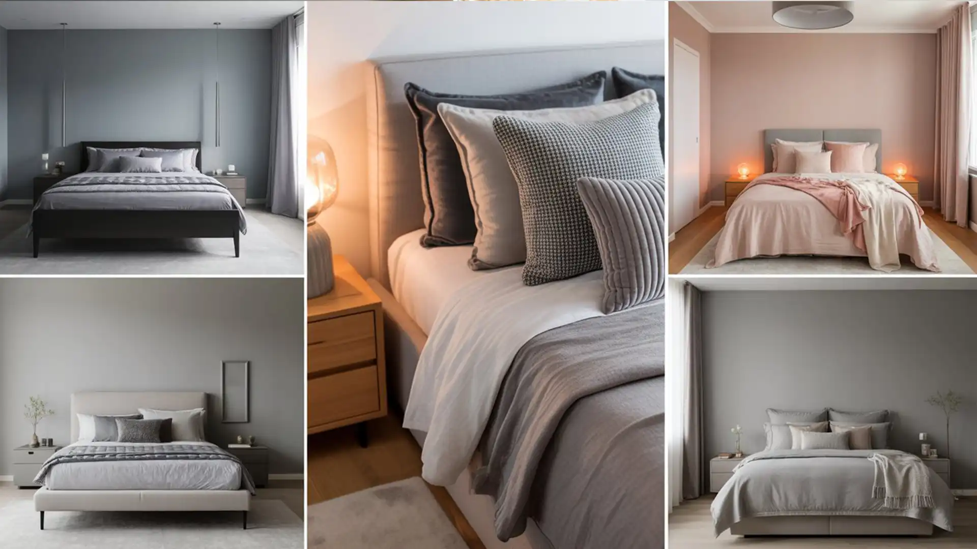 A cozy bedroom with mixed grey textures including a knit blanket, velvet pillows, and wooden elements.