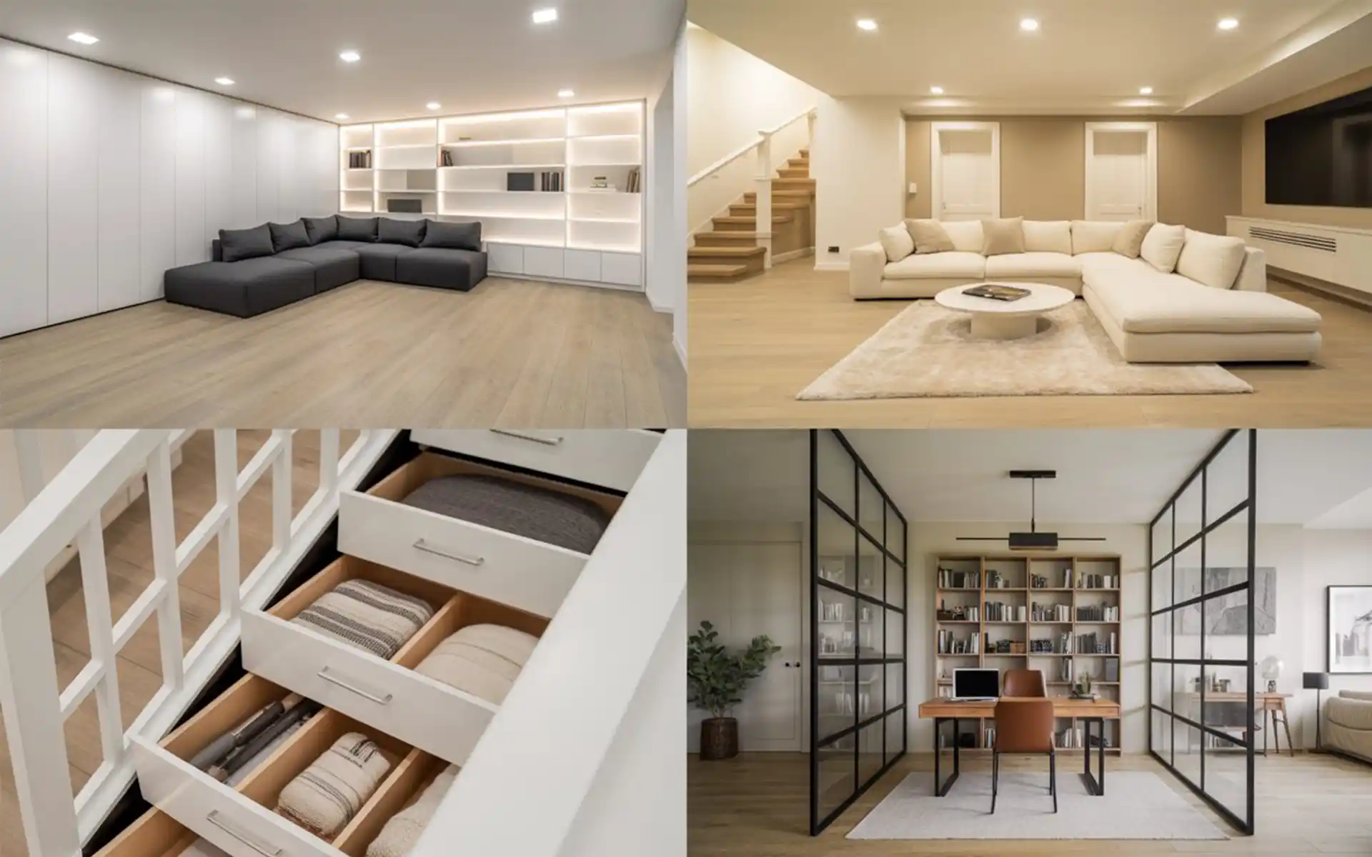 Basement home office separated by a black metal and glass partition.