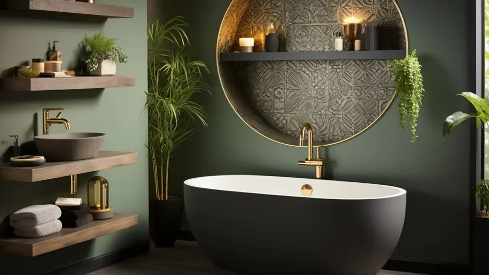 Modern spa-inspired bathroom with a matte black freestanding tub, gold fixtures, sage green walls, and floating wood shelves for vanity styling.