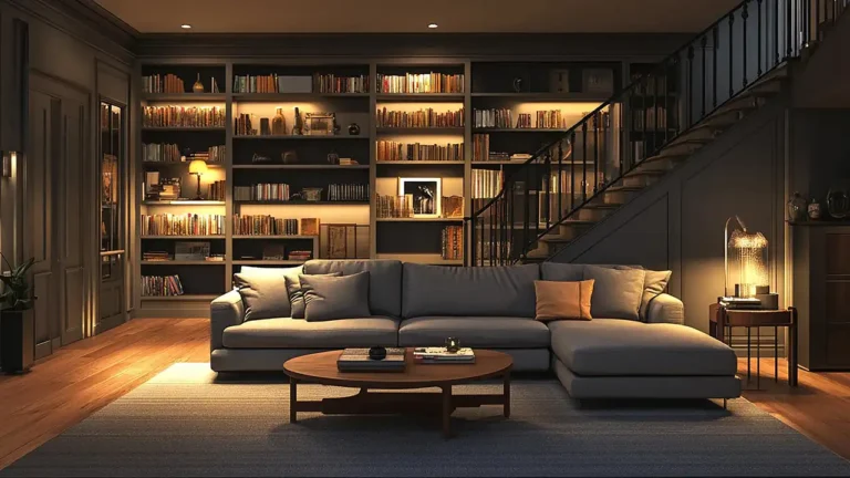 A cozy finished basement featuring a large gray sectional sofa, warm ambient bookshelf lighting, and a built-in home library under a staircase.