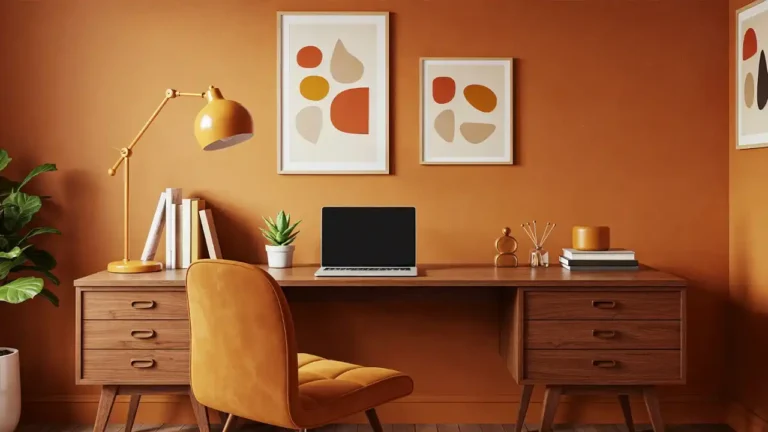 Modern home office with terracotta orange walls, a mid-century wooden desk, yellow task lamp, and abstract wall art for creative workspace inspiration.