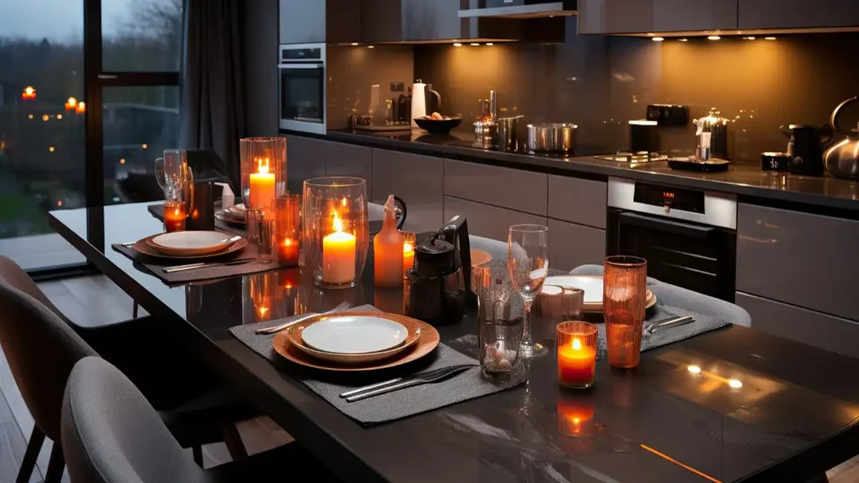 Modern kitchen and dining area featuring sleek gray cabinets, a dark polished dining table with candle lighting, and warm under-cabinet task lights.