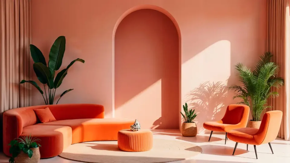 Modern living room with a curved orange velvet sectional sofa, matching armchairs, and a large architectural wall arch in a monochromatic peach color scheme.