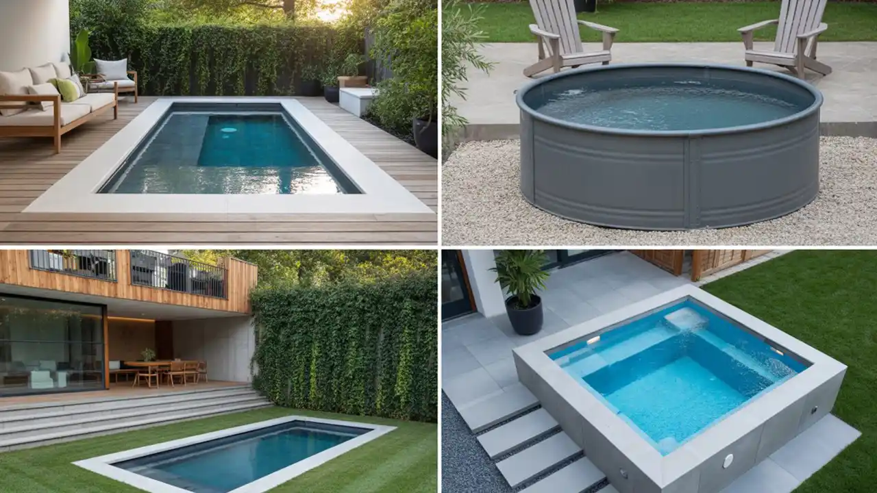 Above ground stock tank pool painted charcoal grey in a stylish yard