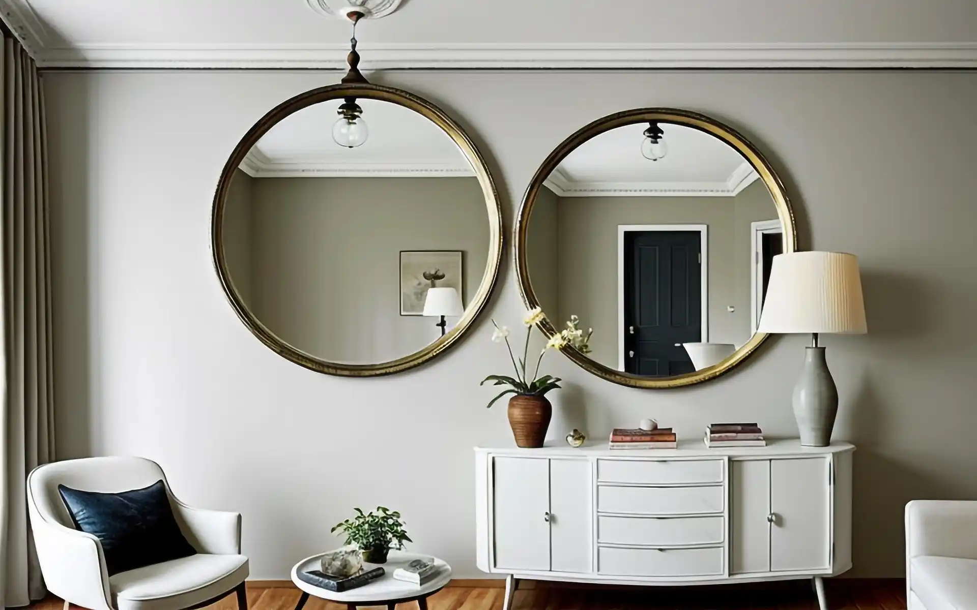 Large floor mirror reflecting a bright living room to add depth