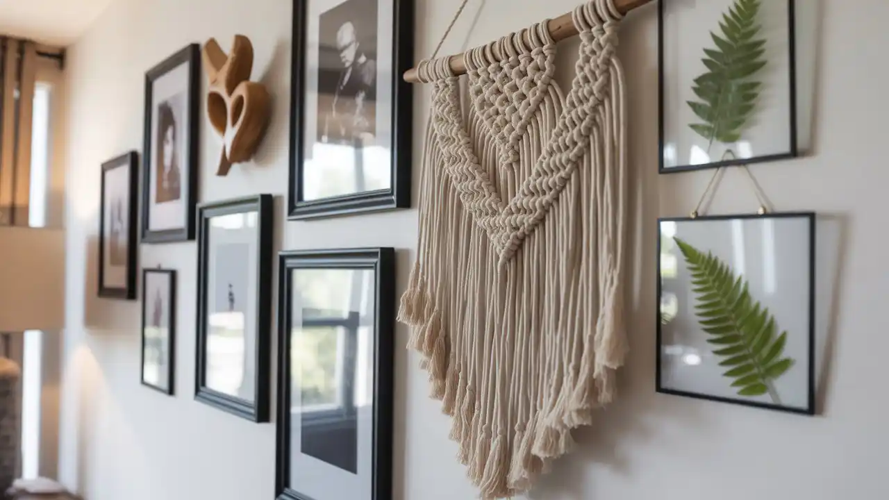 Set of three floating glass frames with pressed green leaves