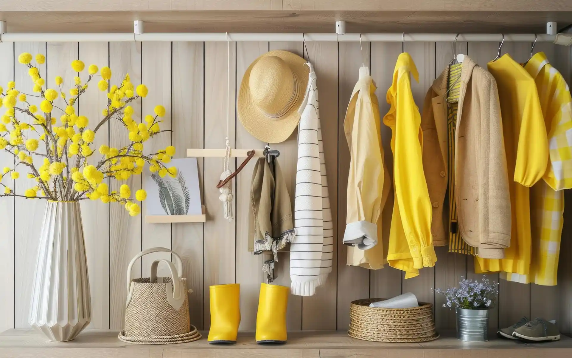 Bright yellow rain boots sitting on a stone floor in a spring entryway