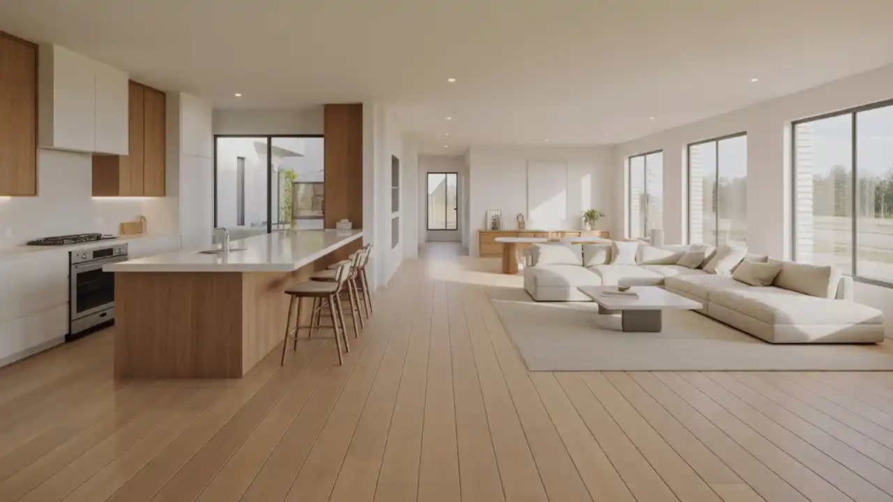 Wide stone walkway leading to a ranch home entrance