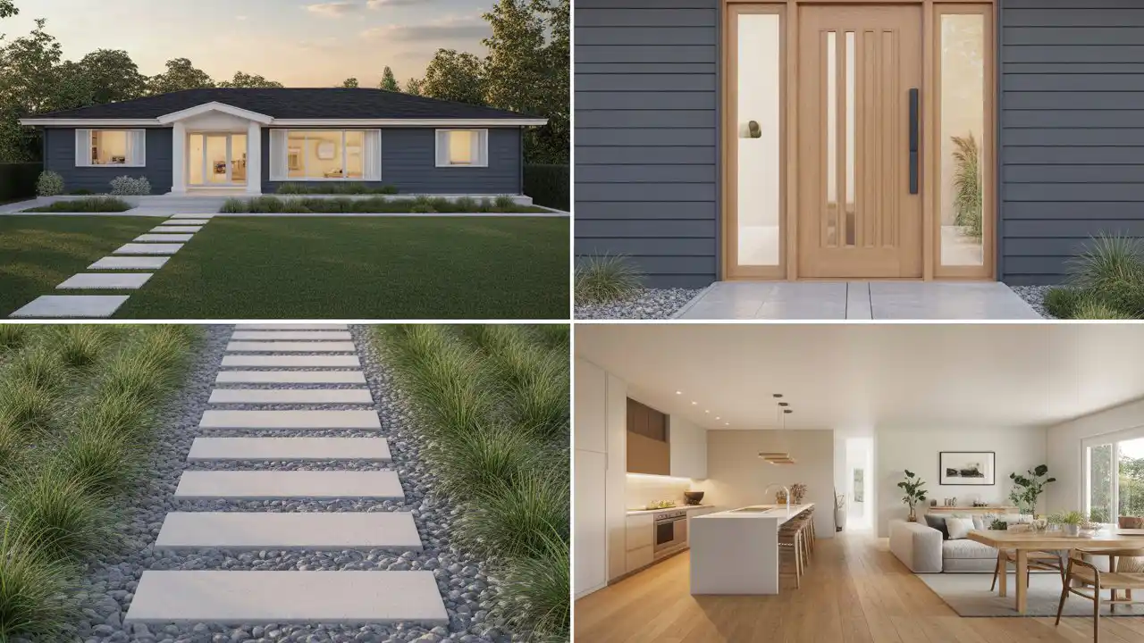 Open concept interior of a ranch home with wood floors