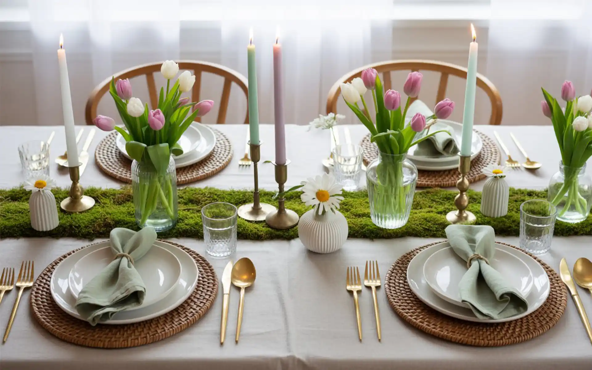 Round rattan placemats with white plates and gold cutlery