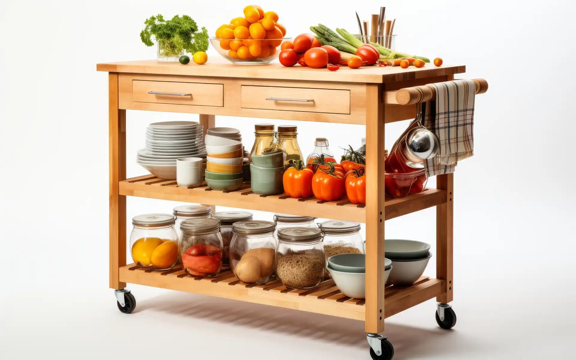 Slim white kitchen cart on wheels holding spices and a coffee maker