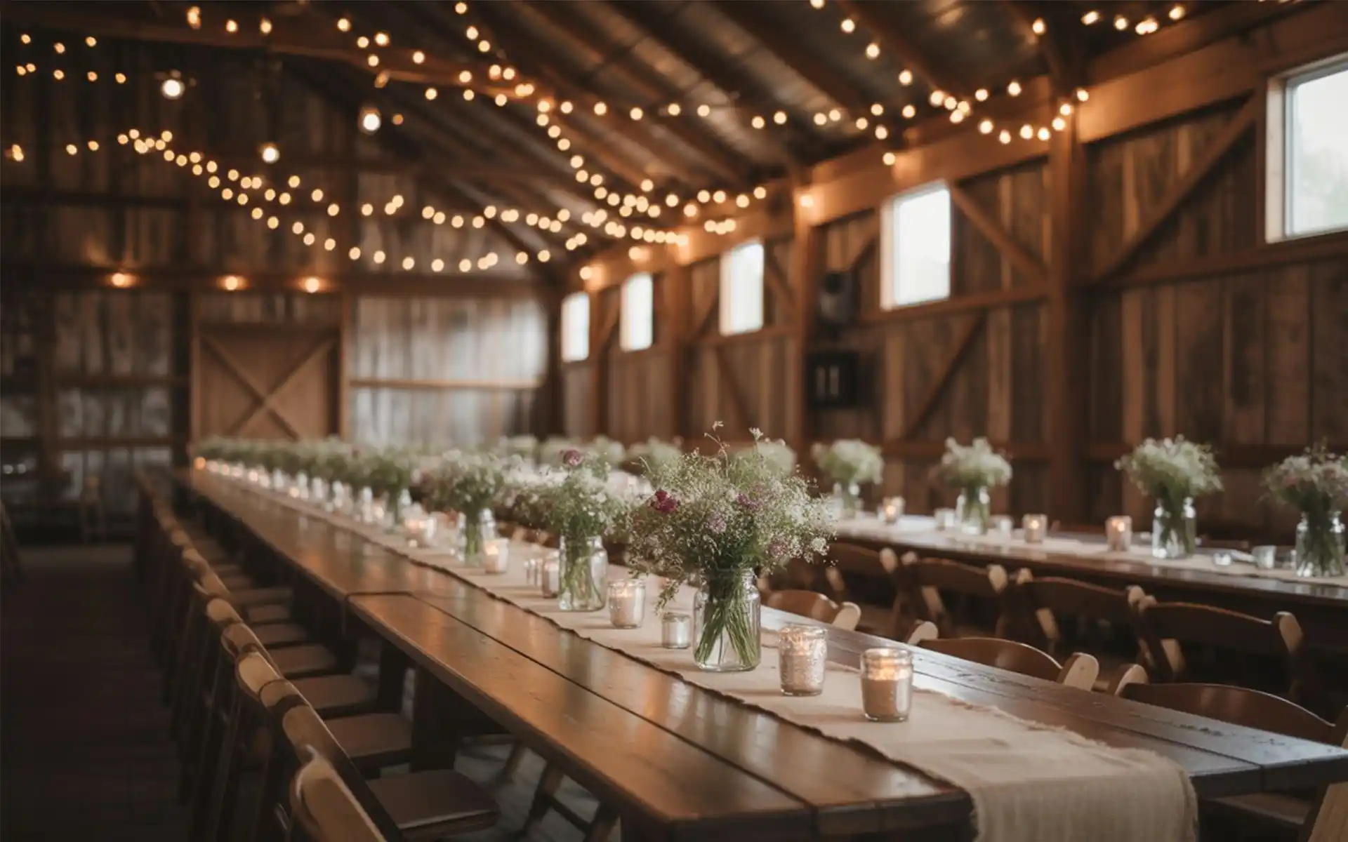 Beautiful rustic wedding reception with wooden tables and warm lighting
