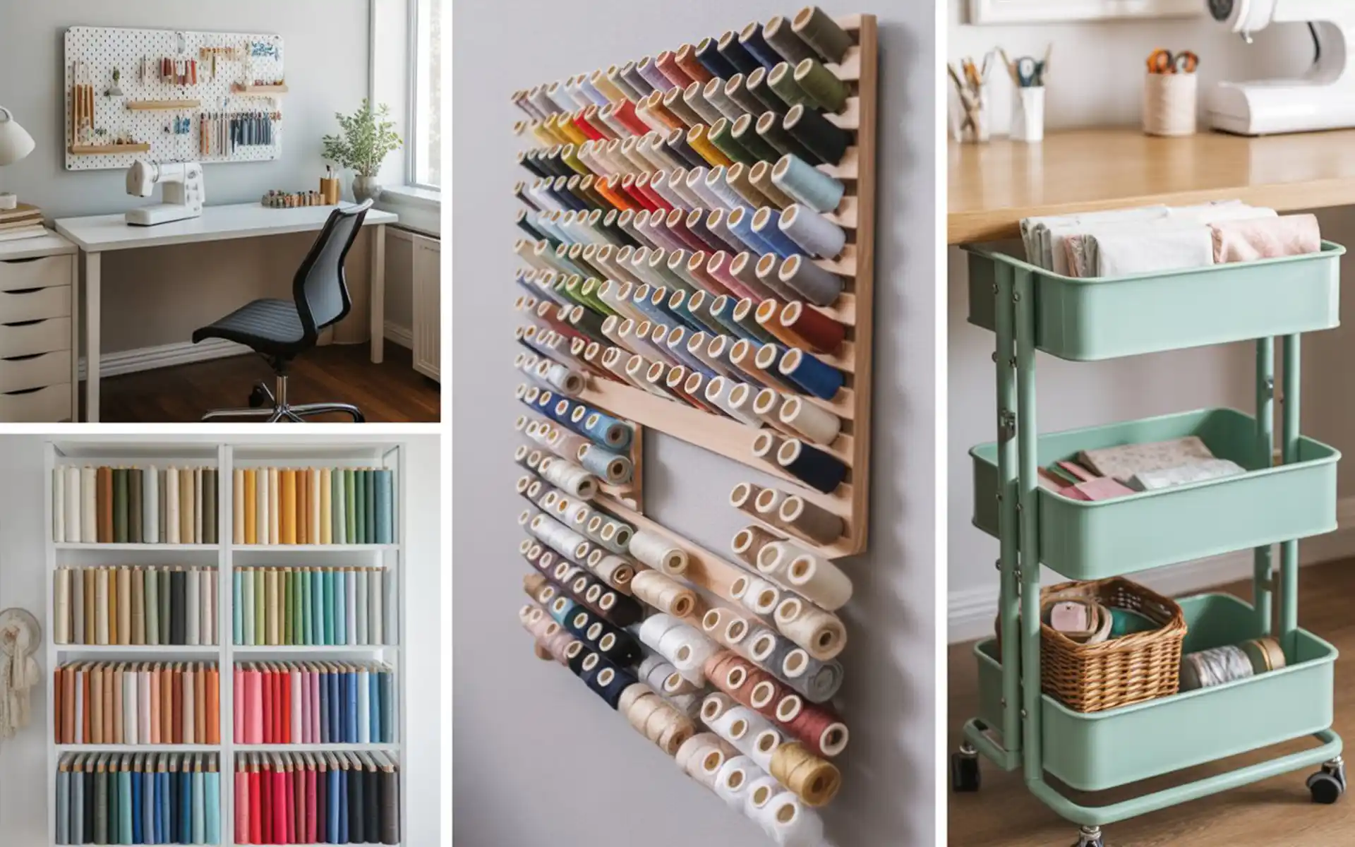 Three-tier mint green rolling cart filled with sewing projects