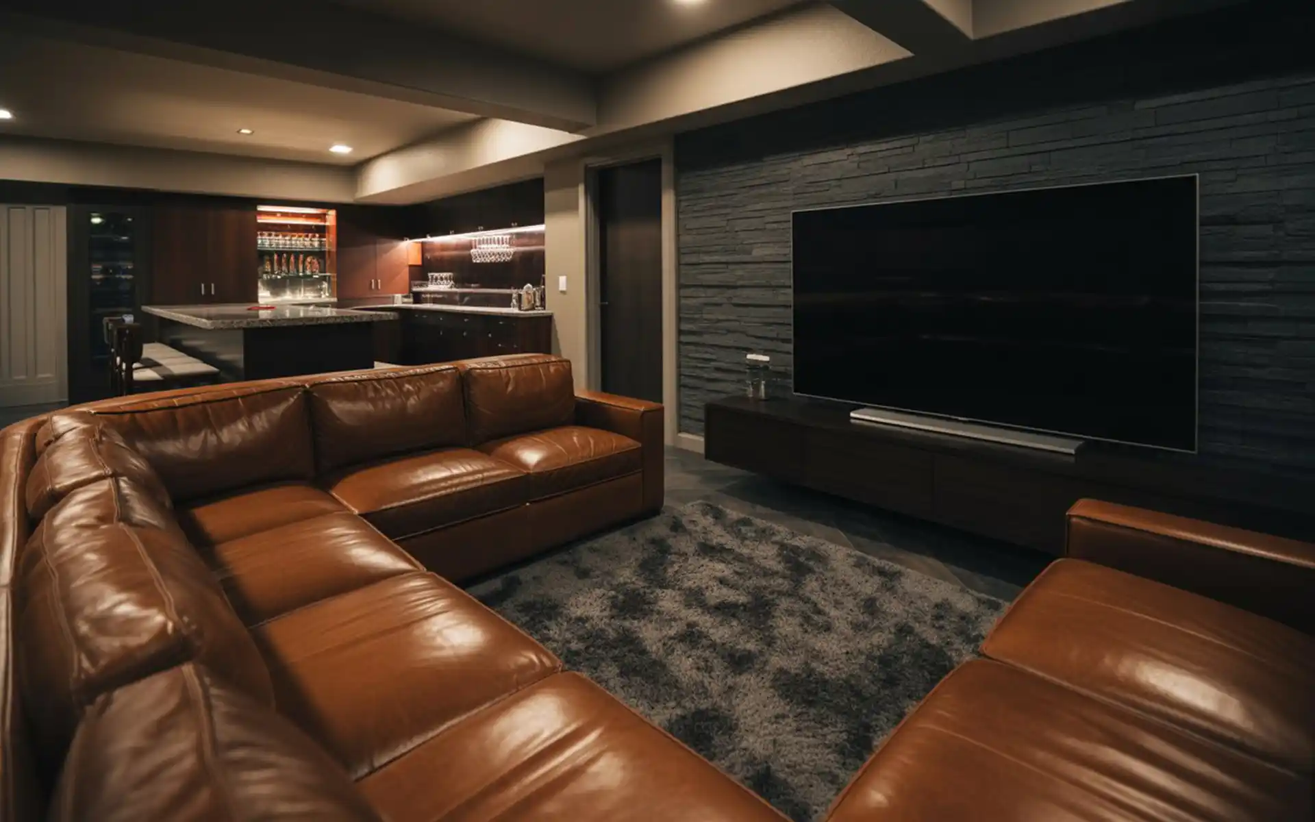 Efficient gaming setup in a small basement corner with blue LED lighting.