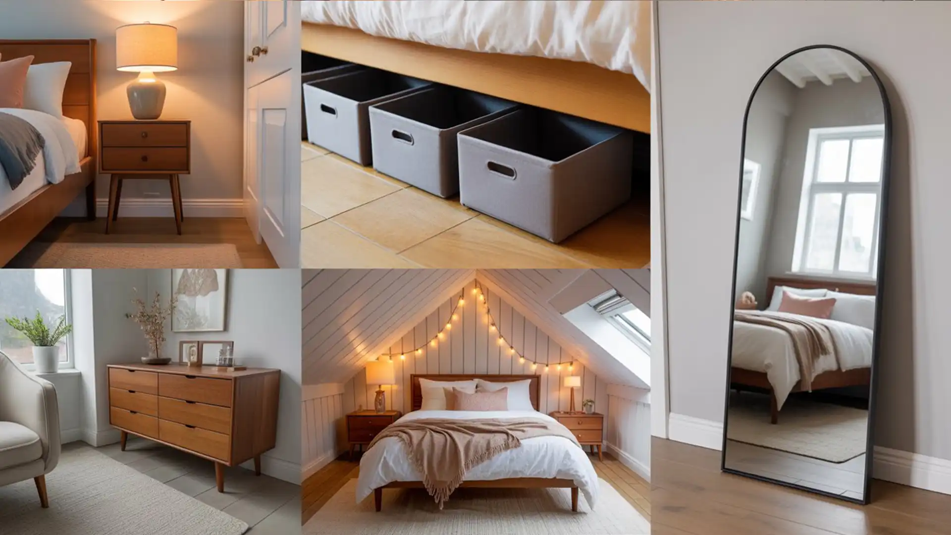 Large floor mirror in a small bedroom reflecting light