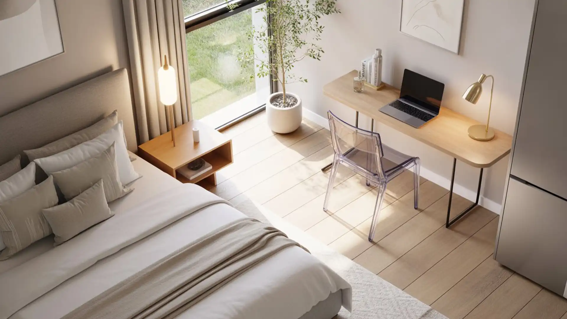 Top-down view of a well-arranged small bedroom layout Main keyword: bedroom layout ideas