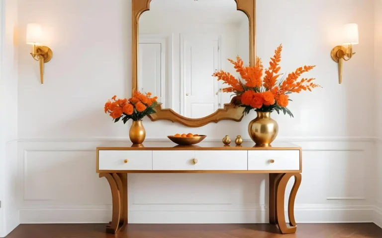 Bright spring entryway with a floral wreath on the door and a light wood console table