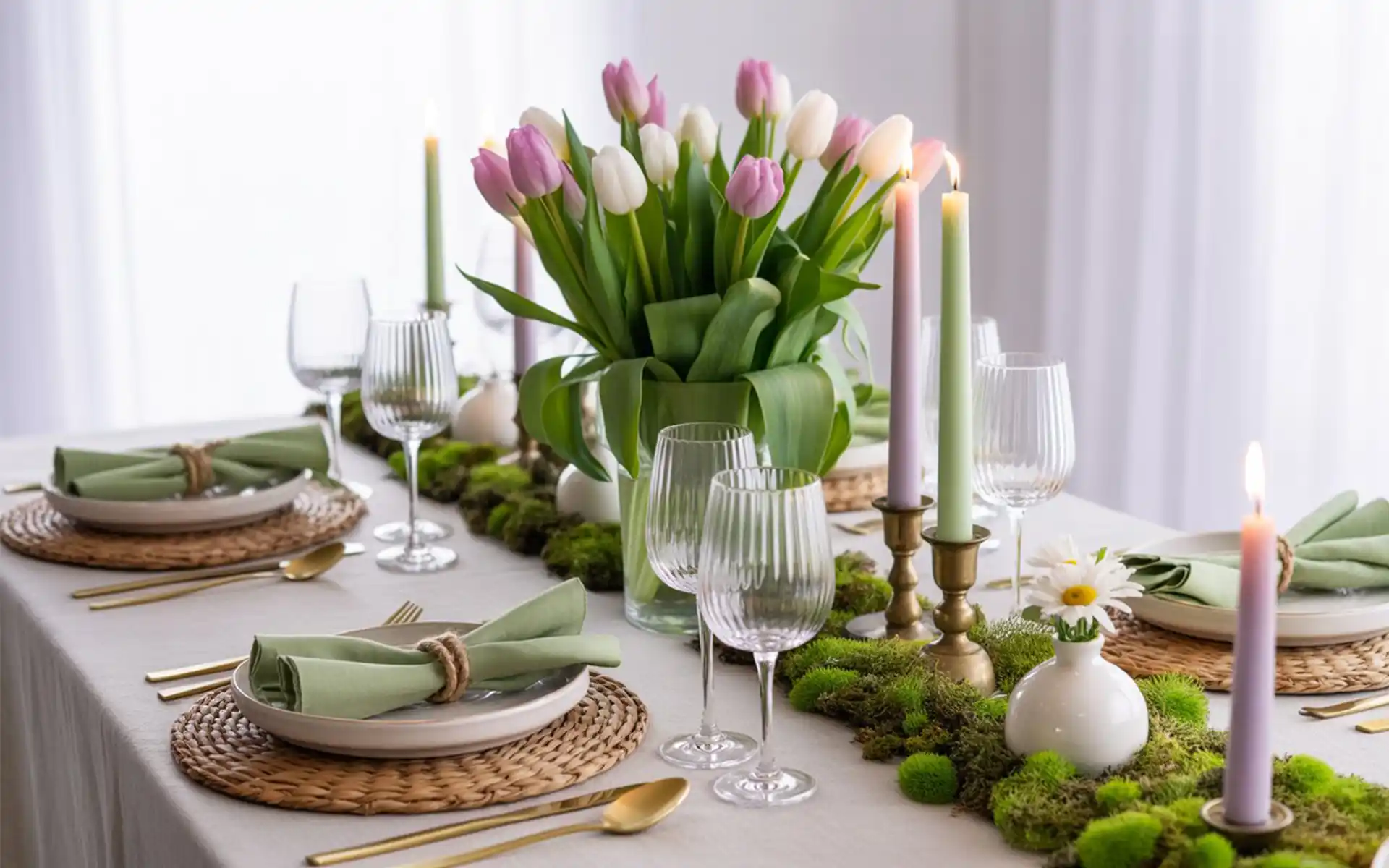 Elegant spring tablescape with pastel linens and fresh tulips