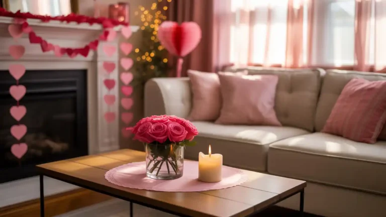 Cozy living room with pink and red Valentine's Day paper decorations