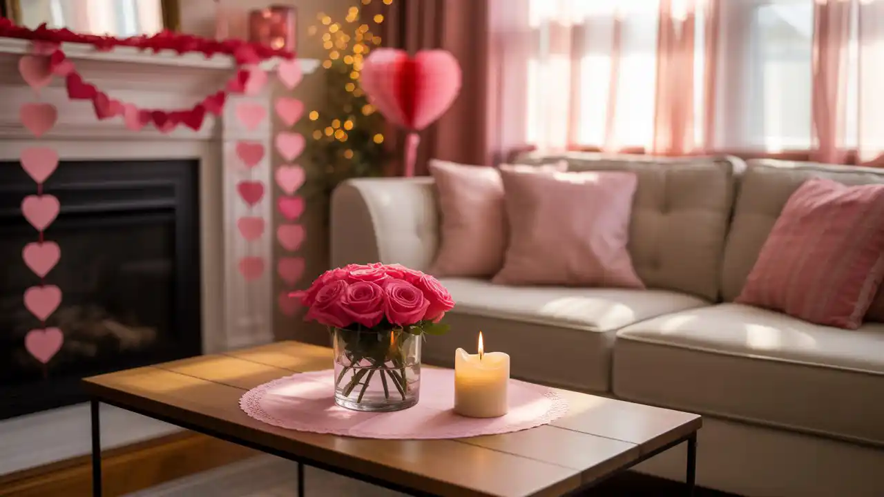 Cozy living room with pink and red Valentine's Day paper decorations