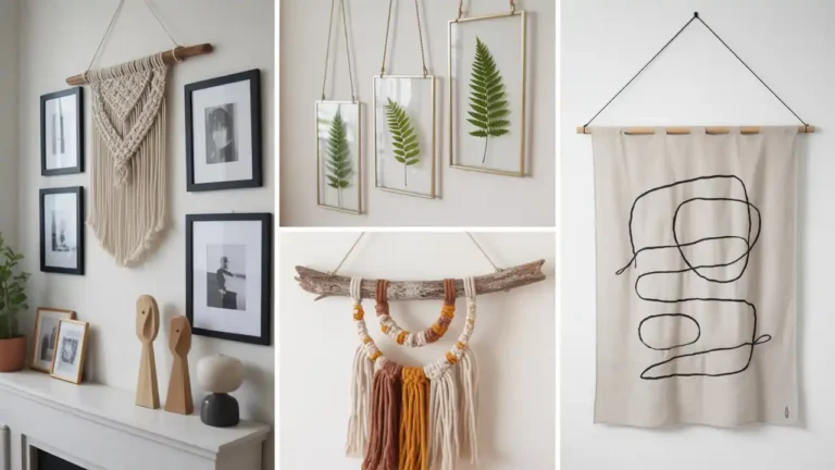 Beautiful gallery wall featuring a mix of framed art and a macramé hanging